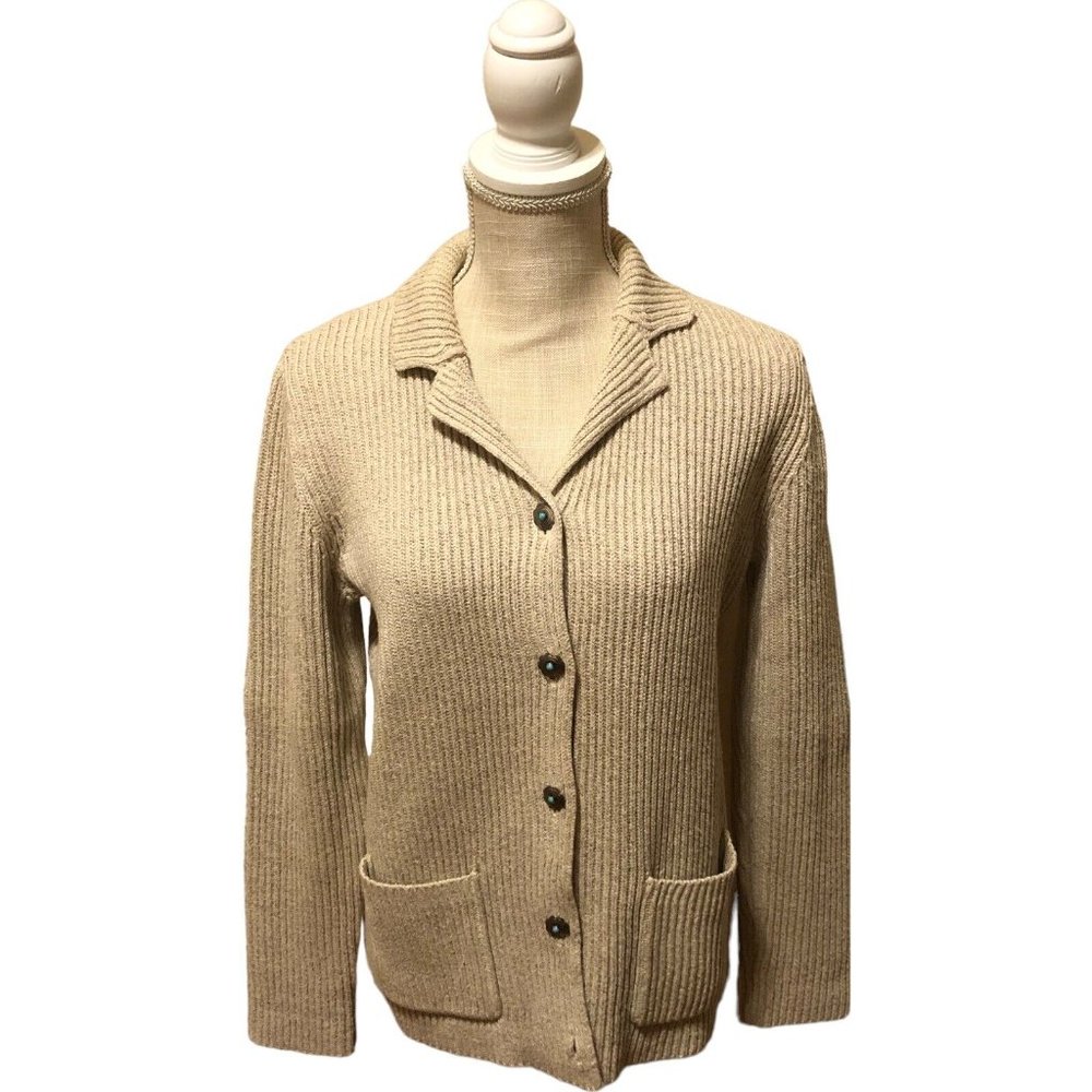 Ralph Lauren Petite Tan Brown Beige Knit Long Sleeve Button Down Sweater Vintage